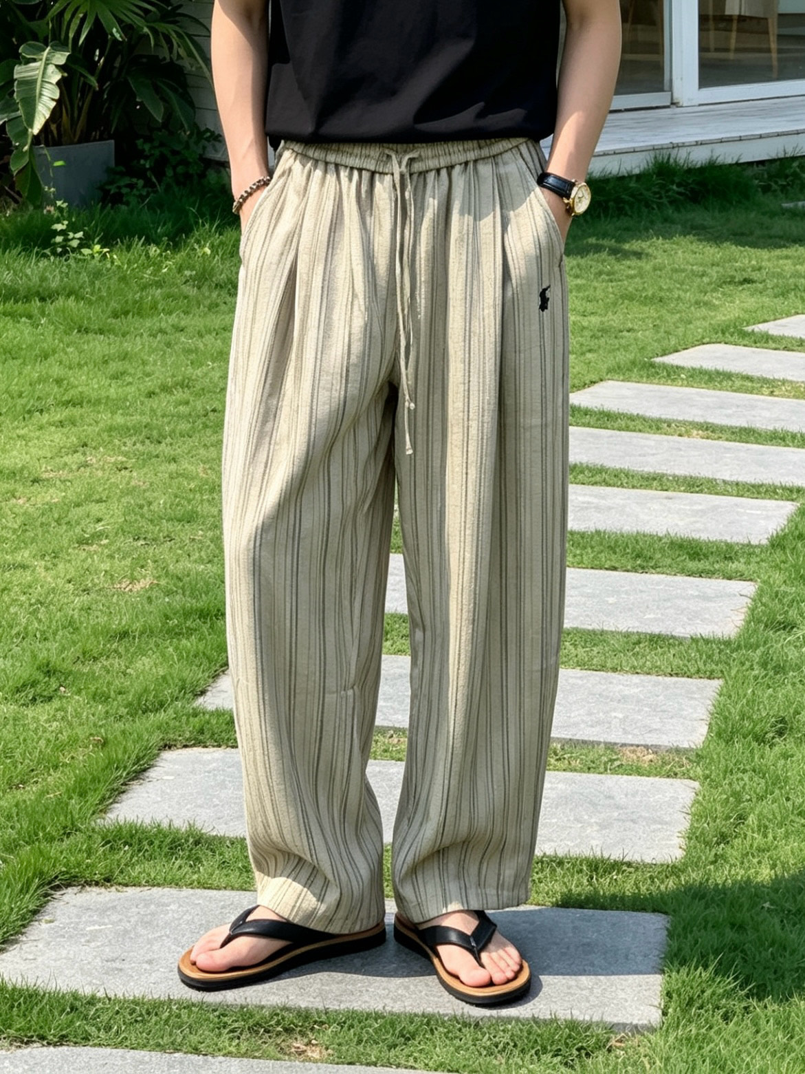 拉夫劳伦(RAlpH LAUREN)竖条纹抽绳阔腿休闲裤尺码S-XL｜▫配色分为麻灰竖条纹、纯黑暗条纹两