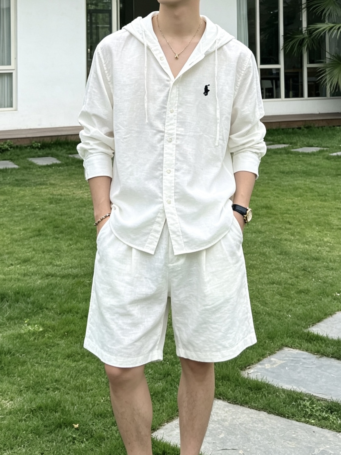 拉夫劳伦(RAlpH LAUREN)小马刺绣连帽亚麻长袖衬衫尺码M-3XL｜▫配色分为纯净白、藏青两款，