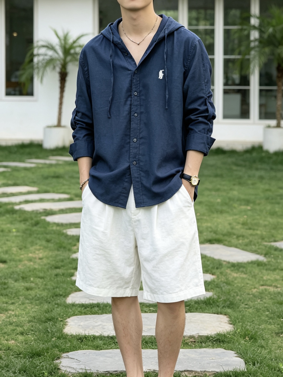 拉夫劳伦(RAlpH LAUREN)小马刺绣连帽亚麻长袖衬衫尺码M-3XL｜▫配色分为纯净白、藏青两款，
