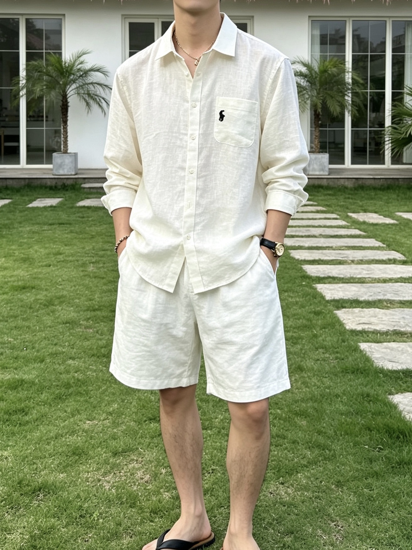 拉夫劳伦(RAlpH LAUREN)小马刺绣翻领亚麻长袖衬衫尺码M-3XL｜▫配色分为米白、藏青两款，米