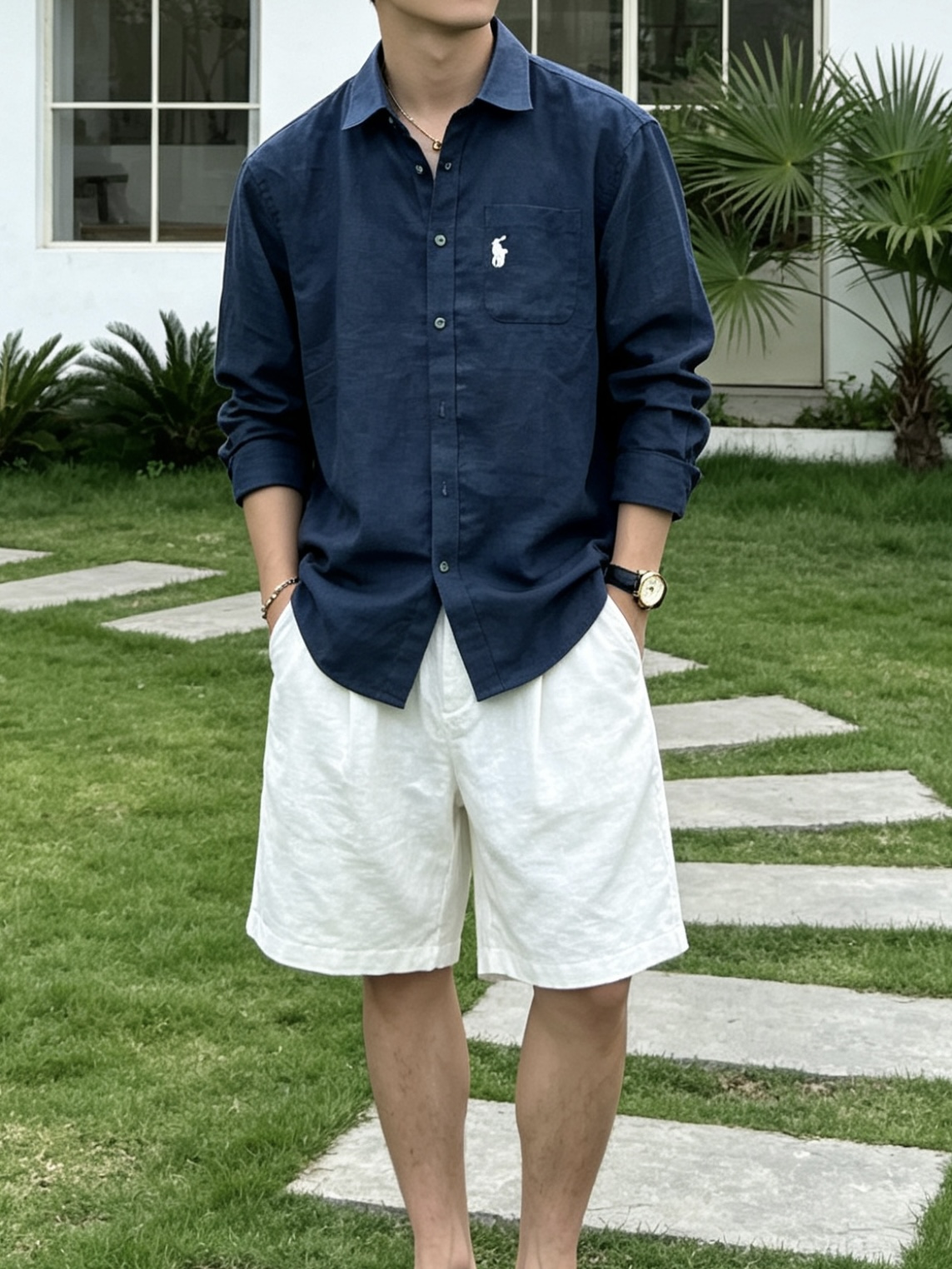 拉夫劳伦(RAlpH LAUREN)小马刺绣翻领亚麻长袖衬衫尺码M-3XL｜▫配色分为米白、藏青两款，米