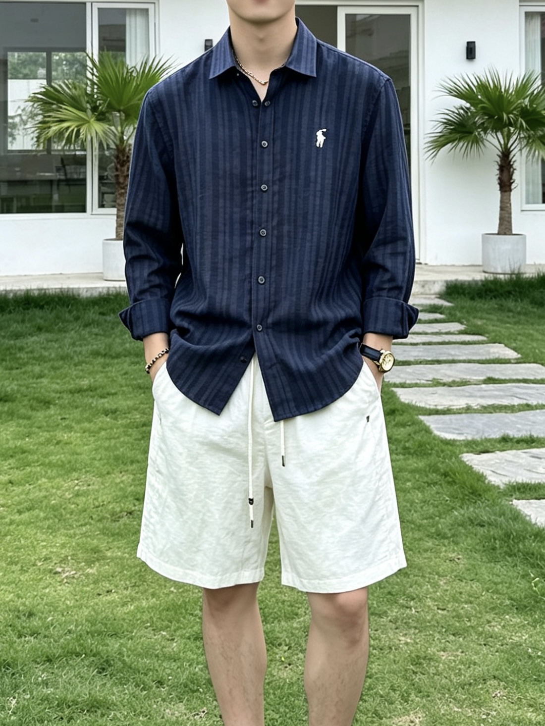 拉夫劳伦(RAlpH LAUREN)纯色/竖纹小马刺绣亚麻长袖衬衫尺码M-3XL｜▫配色分净白、藏青竖条