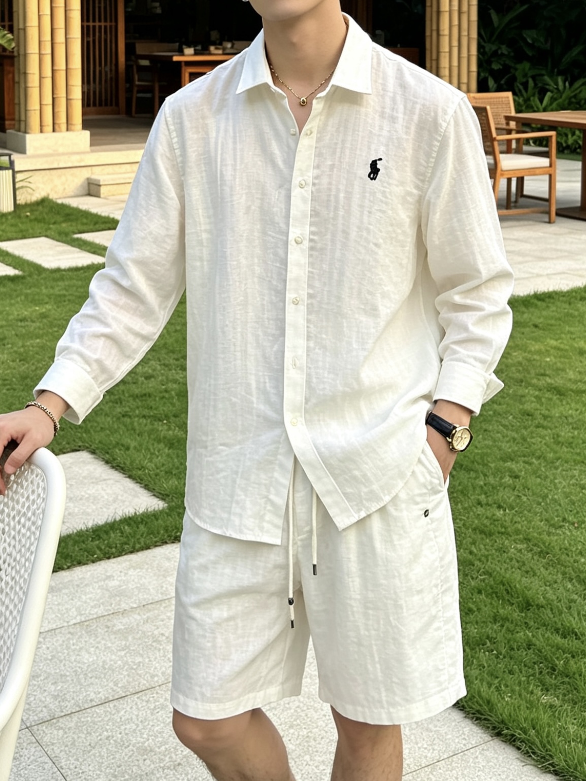 拉夫劳伦(RAlpH LAUREN)纯色/竖纹小马刺绣亚麻长袖衬衫尺码M-3XL｜▫配色分净白、藏青竖条