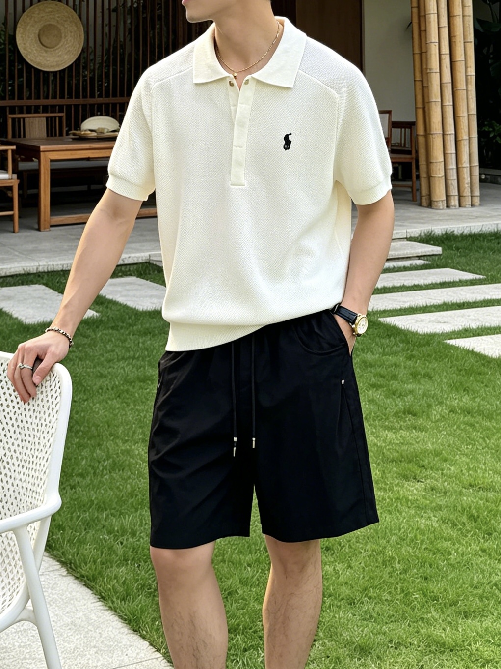 拉夫劳伦(RAlpH LAUREN)小马刺绣蜂窝针织短袖Polo衫尺码M-3XL｜▫配色分米白、藏青两款