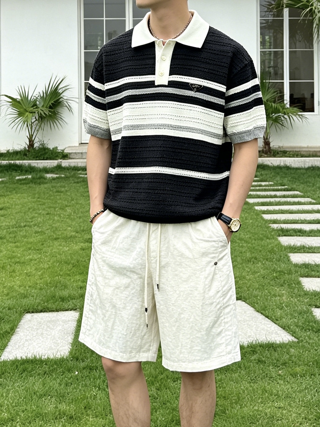 普拉达(PRADA)撞色条纹镂空针织短袖Polo衫尺码M-XL｜▫配色分黑白灰条纹、浅蓝灰条纹两款，黑白