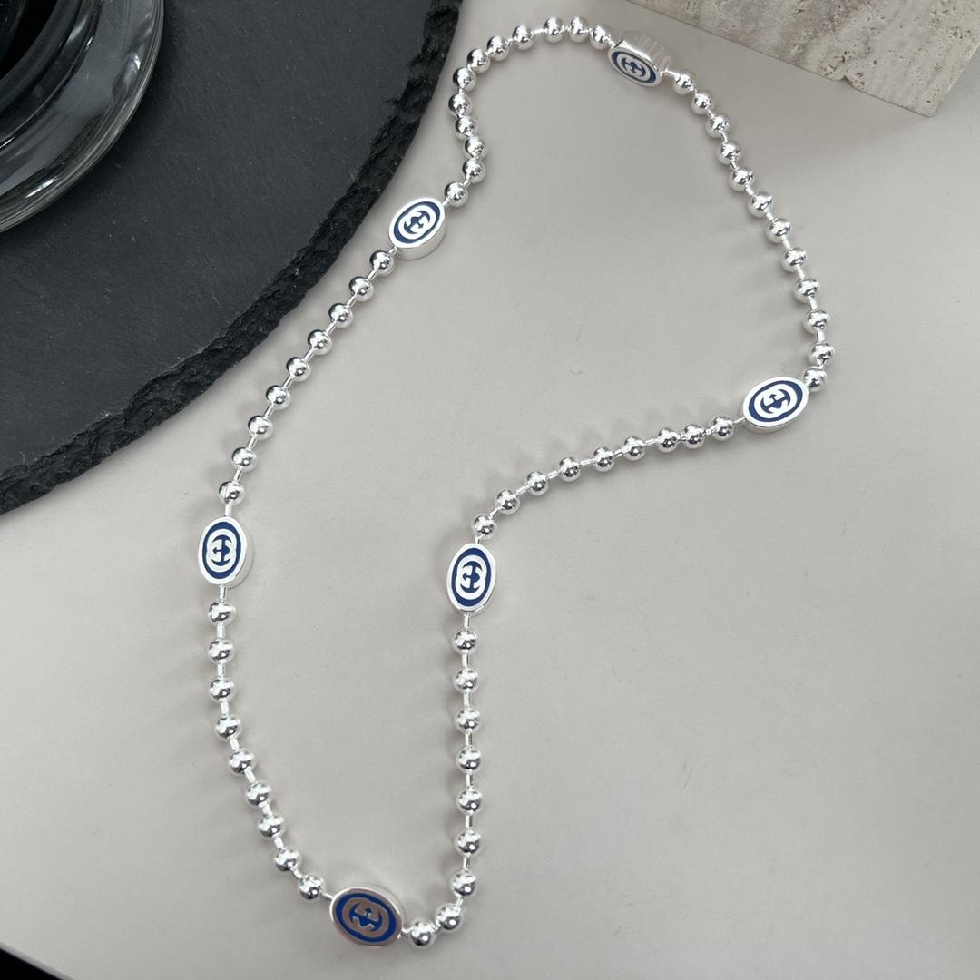 NO:553432,Gucci Gucci 925 sterling silver interlocking double G blue enamel bead necklace size 50cm, Gucci necklace, gucci, gucci, necklace, pure silver19860909Gucci古驰925纯银互扣式双G蓝色珐琅珠子项链 尺寸50cm,古驰项链,gucci,gucci,necklace,pure silver,Jewelry