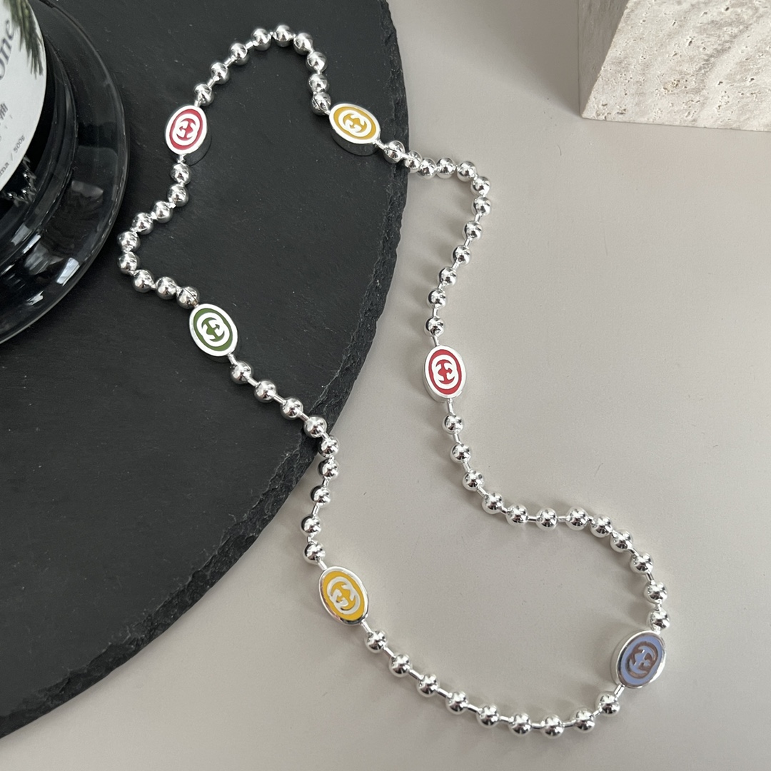 NO:553428,Gucci Gucci 925 sterling silver interlocking double G multi-color enamel bead necklace size 50cm, Gucci necklace, gucci, gucci, necklace, pure silver19860909Gucci古驰925纯银互扣式双G多色珐琅珠子项链 尺寸50cm,古驰项链,gucci,gucci,necklace,pure silver,Jewelry