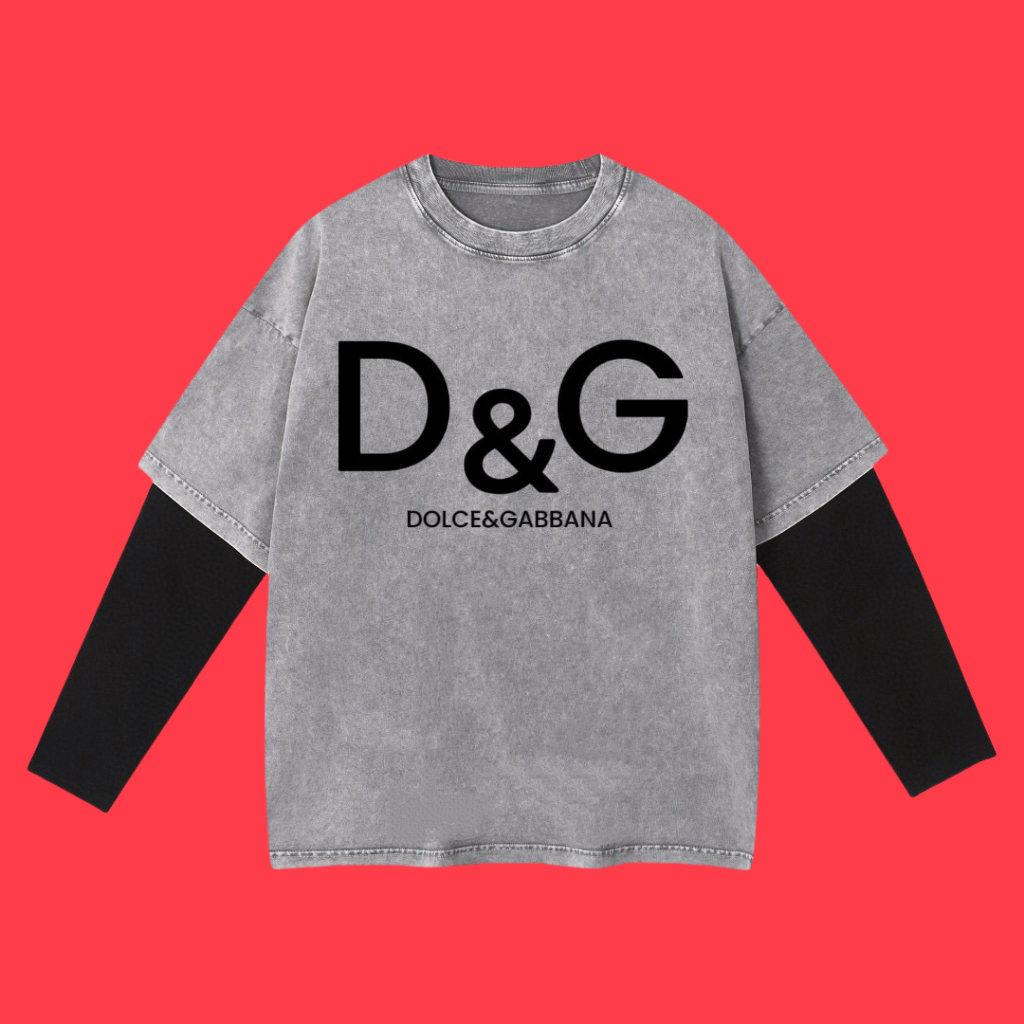 (Cooperación con descuento) Alta calidad D&G 2025SS primavera/verano, camiseta larga de dos capas falsas con efecto lav…