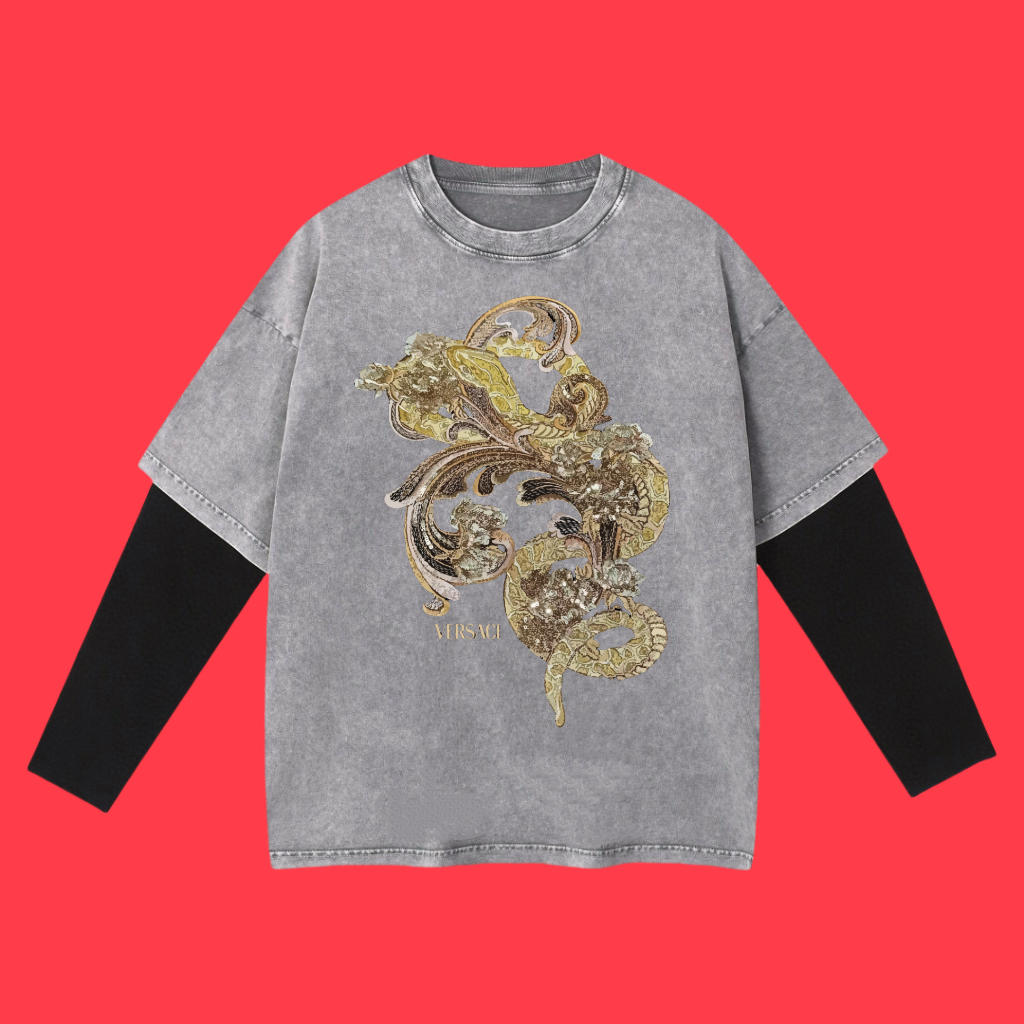 (Cooperación y beneficio mutuo) Alta calidad VERSACE 2025SS primavera-verano Camiseta larga de dos capas efecto nieve l…