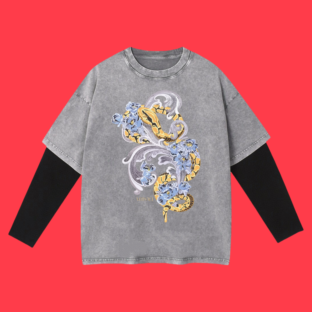 (Cooperación y beneficio mutuo) Alta calidad VERSACE 2025SS primavera-verano Camiseta larga de dos capas efecto nieve l…