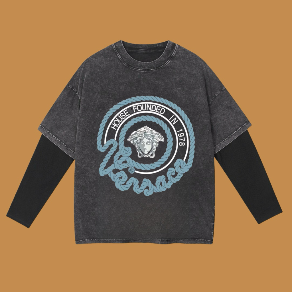 (Cooperación y beneficio mutuo) Alta calidad VERSACE 2025SS primavera-verano Camiseta larga de dos capas efec…