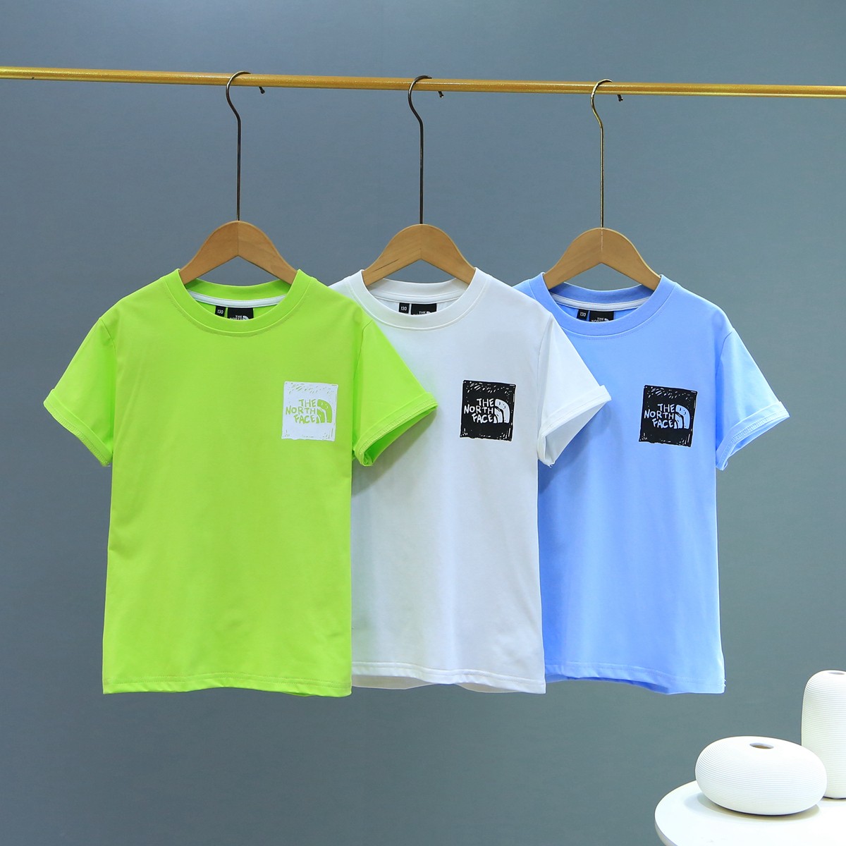 Luxury Cheap
 The North Face Clothing T-Shirt Blue Fluorescent Green White Printing Kids Boy Cotton Summer Collection Short Sleeve