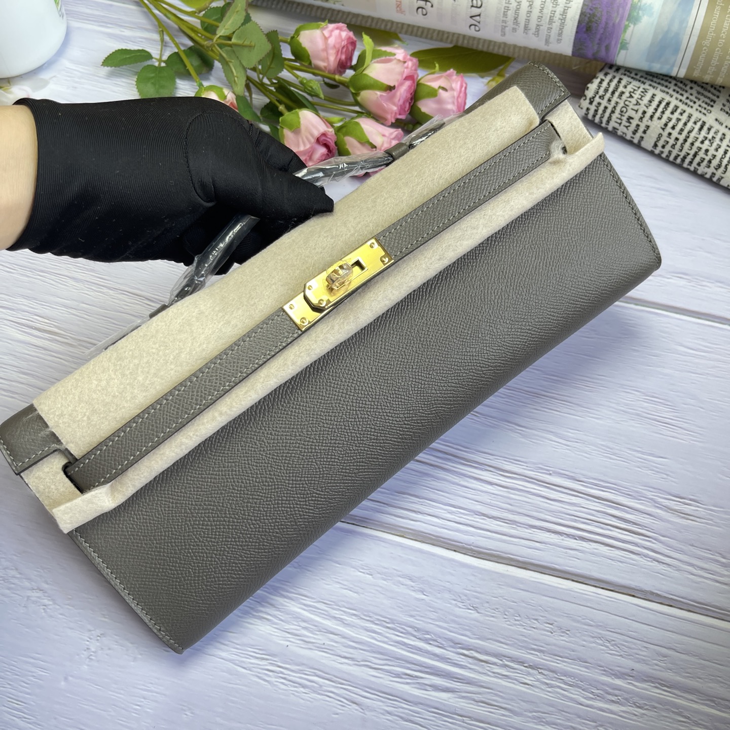 Hermes Kelly Cut Gray Epsom leather 31 evening everyday