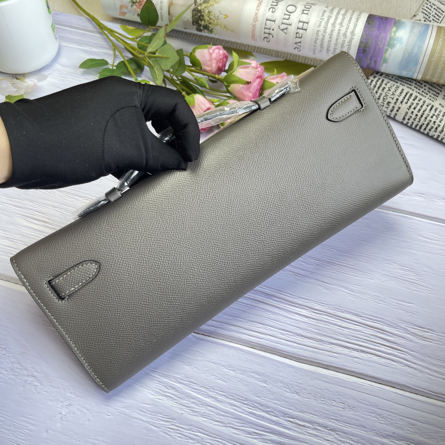 Hermes Kelly Cut Gray Epsom leather 31 evening everyday