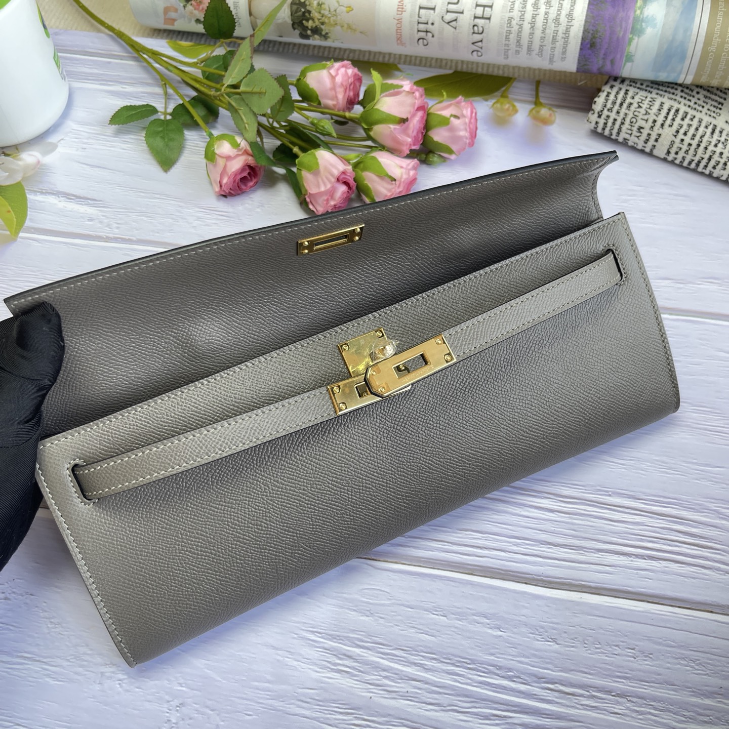 Hermes Kelly Cut Gray Epsom leather 31 evening everyday