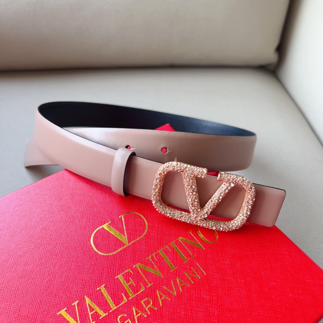 [Valentino Belts]Valentino 3.0cm double-sided wearing rhinestones glossy calfs