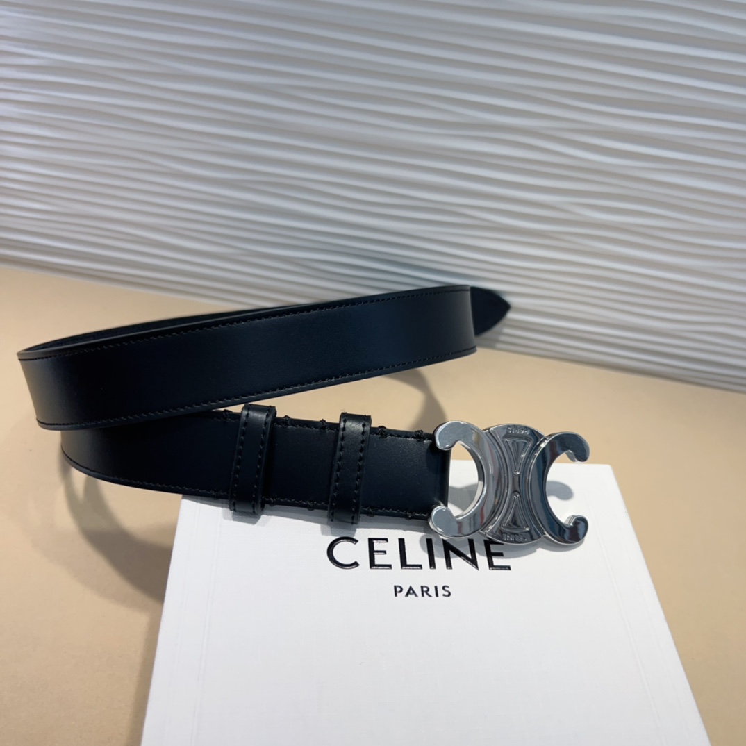 CelineTRIOMPHE大号复古牛皮革腰带3.0cm男神之款牛皮革中腰复古金色饰面TRIOMPHE配
