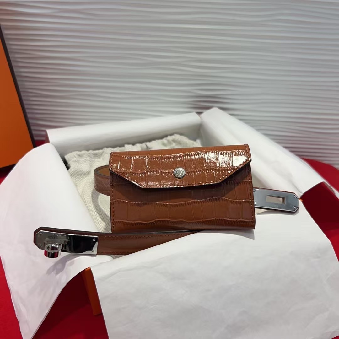 Hermes Kelly Buckle Croc-Embossed Belt Bag with Card Holder - Adjustable