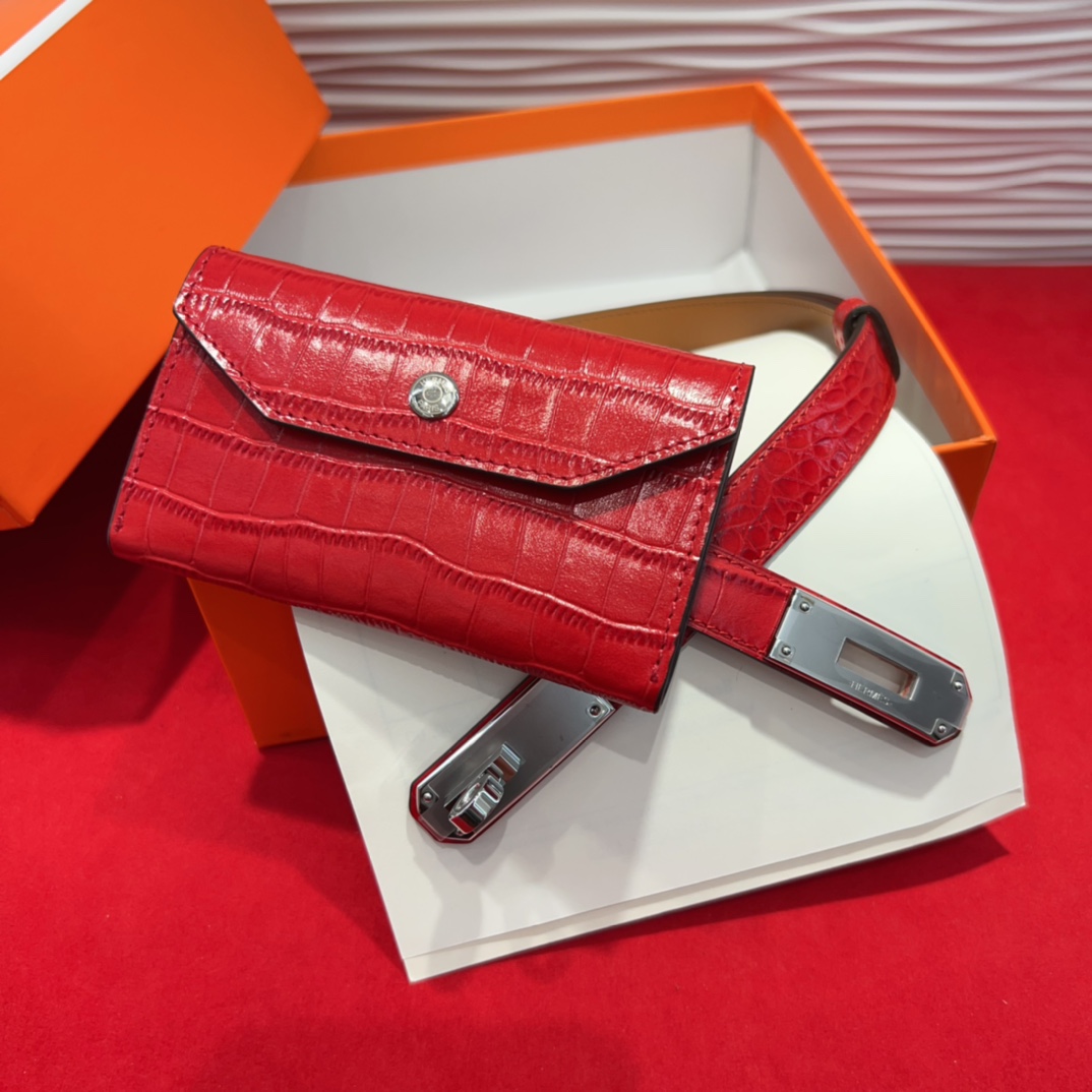 Hermes Kelly Buckle Crocodile Pattern Belt with Mini Waist Bag