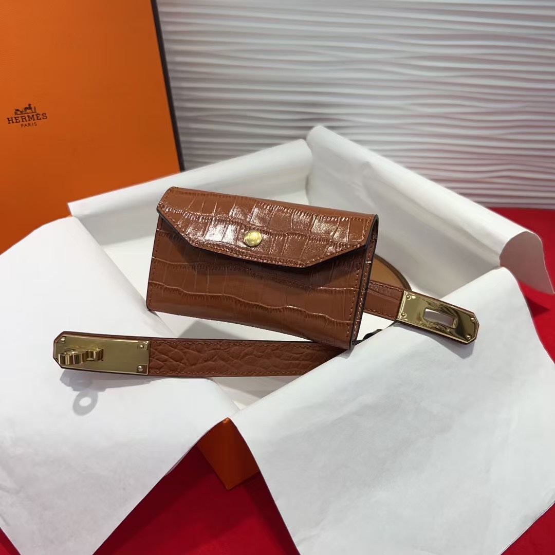 Hermes Kelly Buckle Crocodile Pattern Waist Bag Adjustable Belt