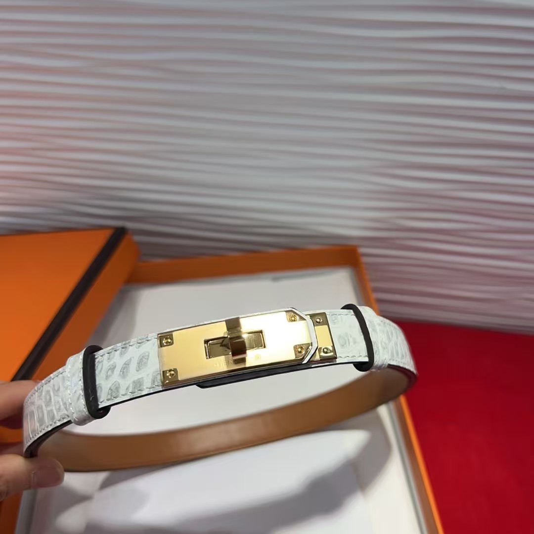 Kelly Crocodile-Embossed Belt with Gold Buckle, Adjustable Leather Belt