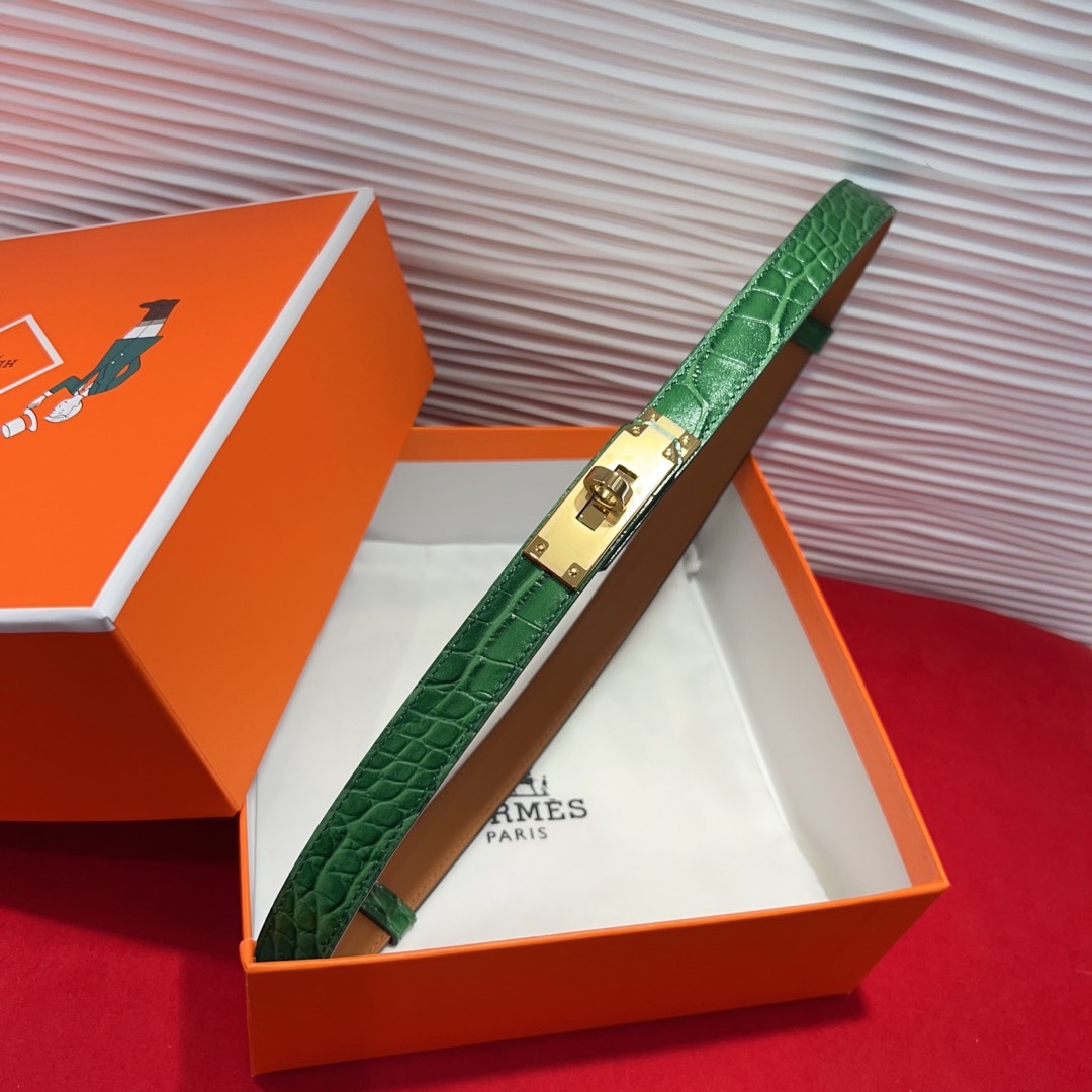 Kelly 鳄鱼纹1.8腰带Epsom小牛皮腰带搭配金Kelly皮带扣