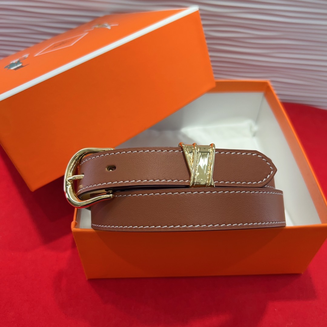 Hermès Inspired Brown Leather Belt with Gold Buckle, 2.4cm Width