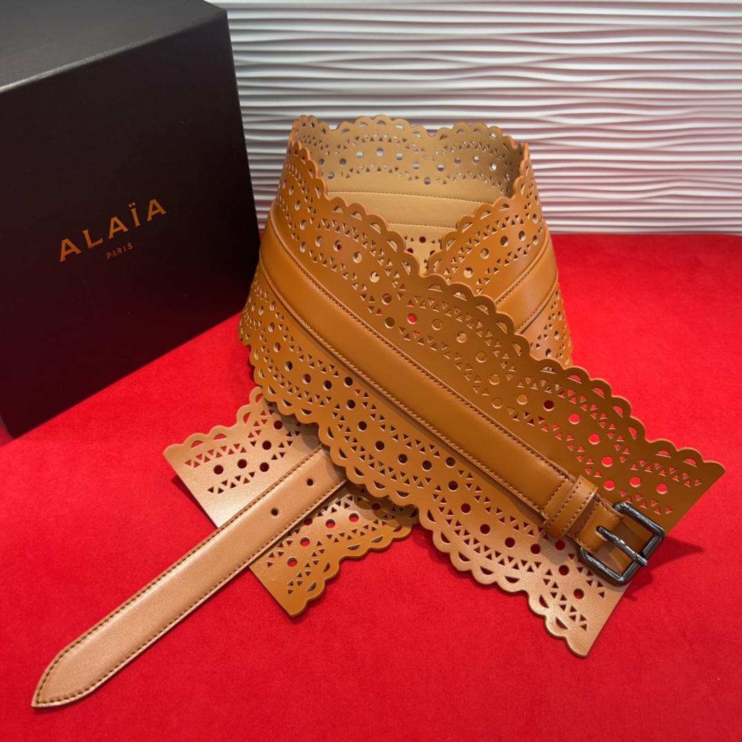  Alaia 阿来莱 腰封、品牌标志性的镂空雕花工艺，柔软牛皮制成于意大利12cm、，Alaia是一个以