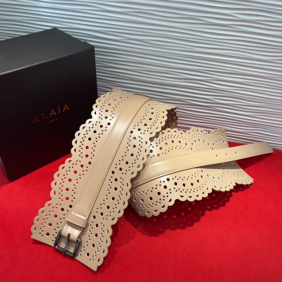 Alaia 阿来莱 腰封、品牌标志性的镂空雕花工艺，柔软牛皮制成于意大利12cm、，Alaia是一个以