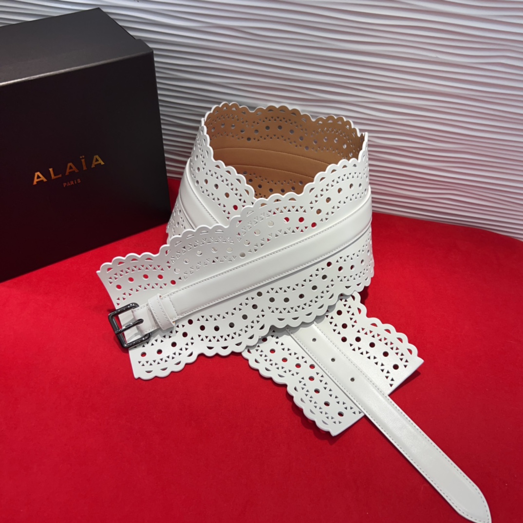  Alaia 阿来莱 腰封、品牌标志性的镂空雕花工艺，柔软牛皮制成于意大利12cm、，Alaia是一个以