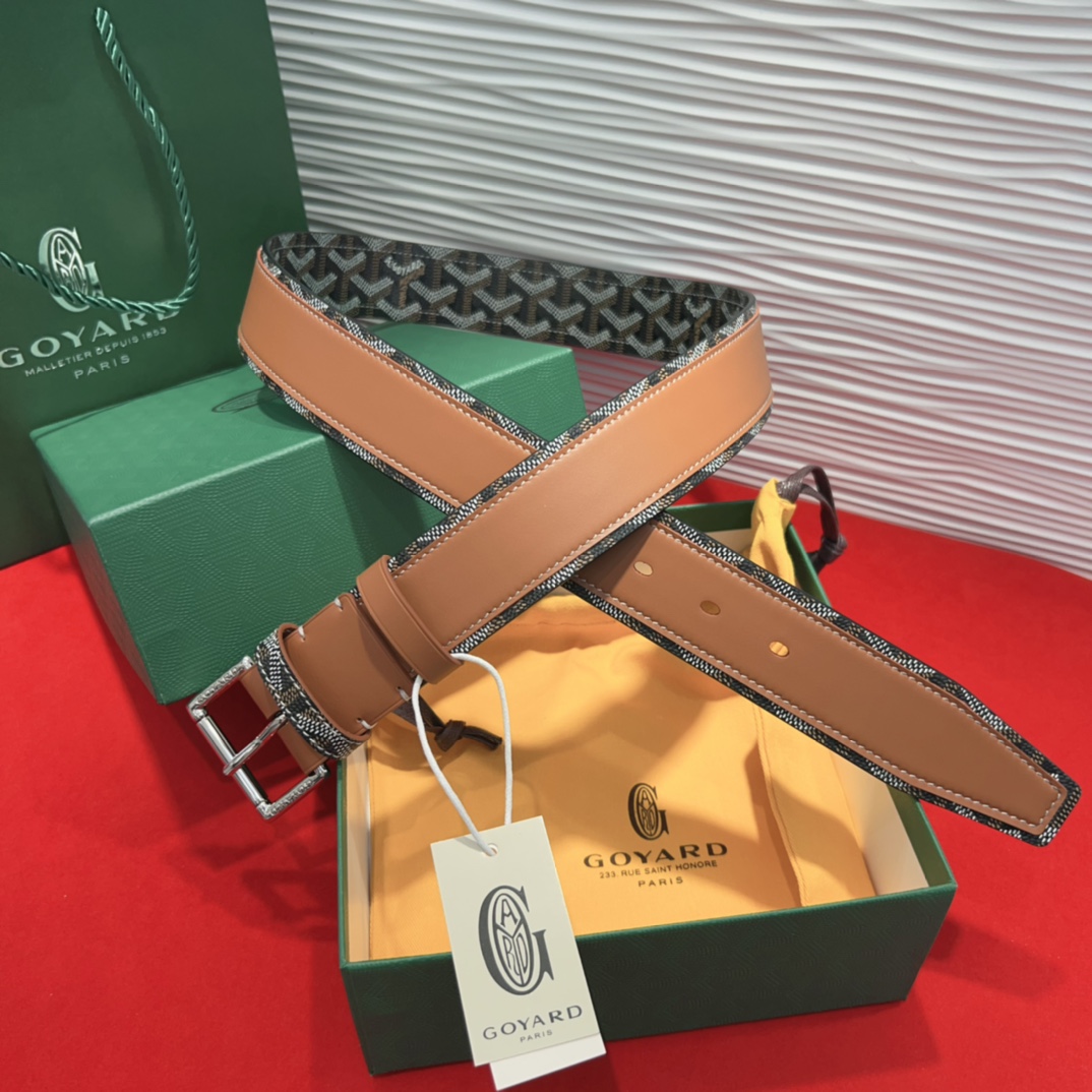 Goyard Leather Belt with Signature Canvas and Steel Buckle - Low Profile Luxury