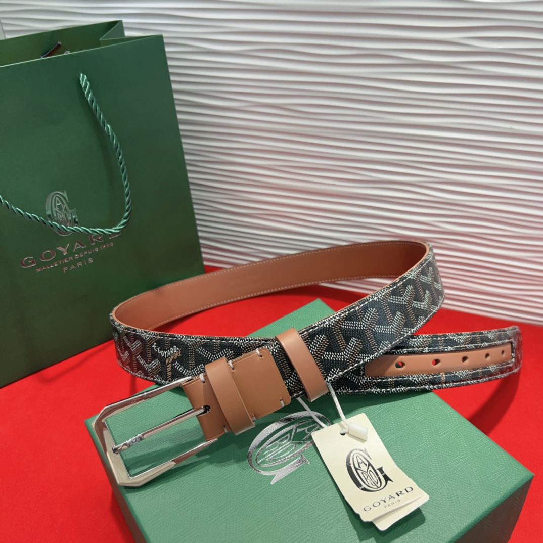 Goyard Leather Belt with Iconic Canvas & Stainless Steel Buckle