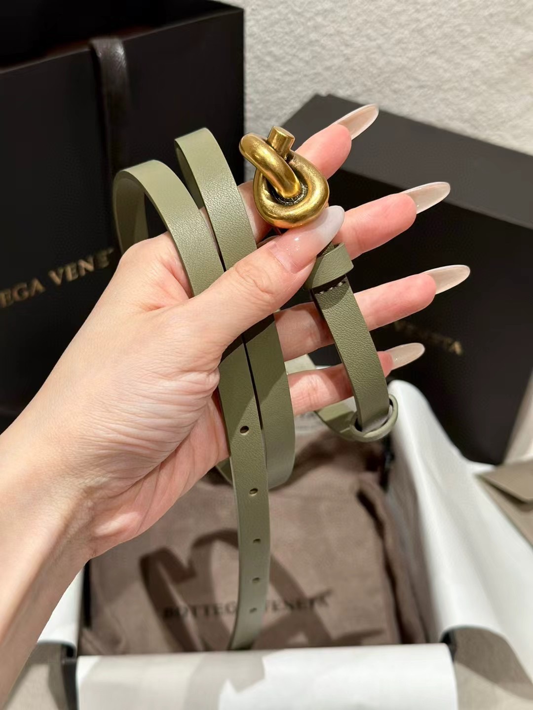Bottega Veneta Knot Leather Belt - Olive Green with Signature Knot Buckle