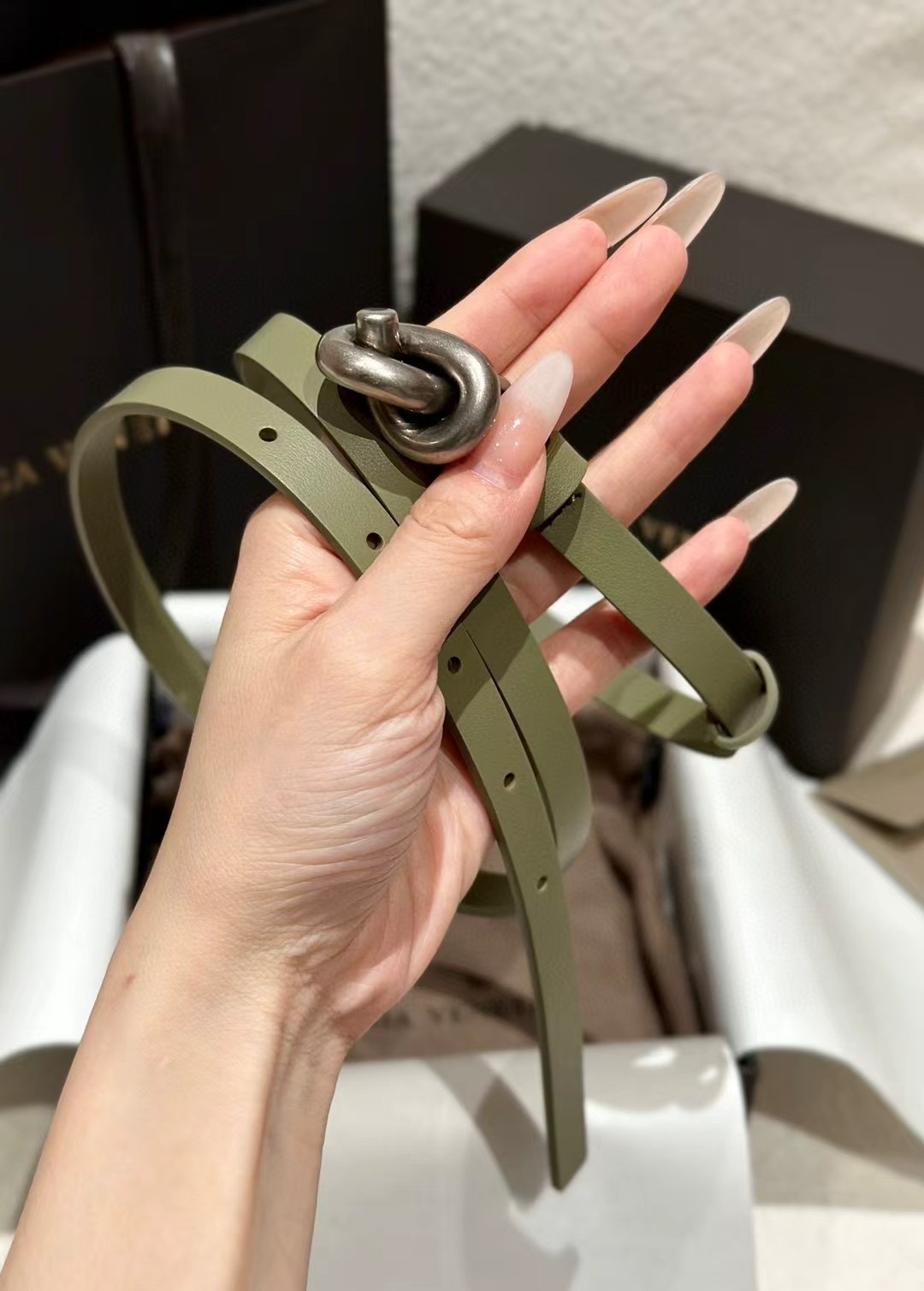 Bottega Veneta Knot Belt in Pistachio Green Leather with Silver Knot Buckle