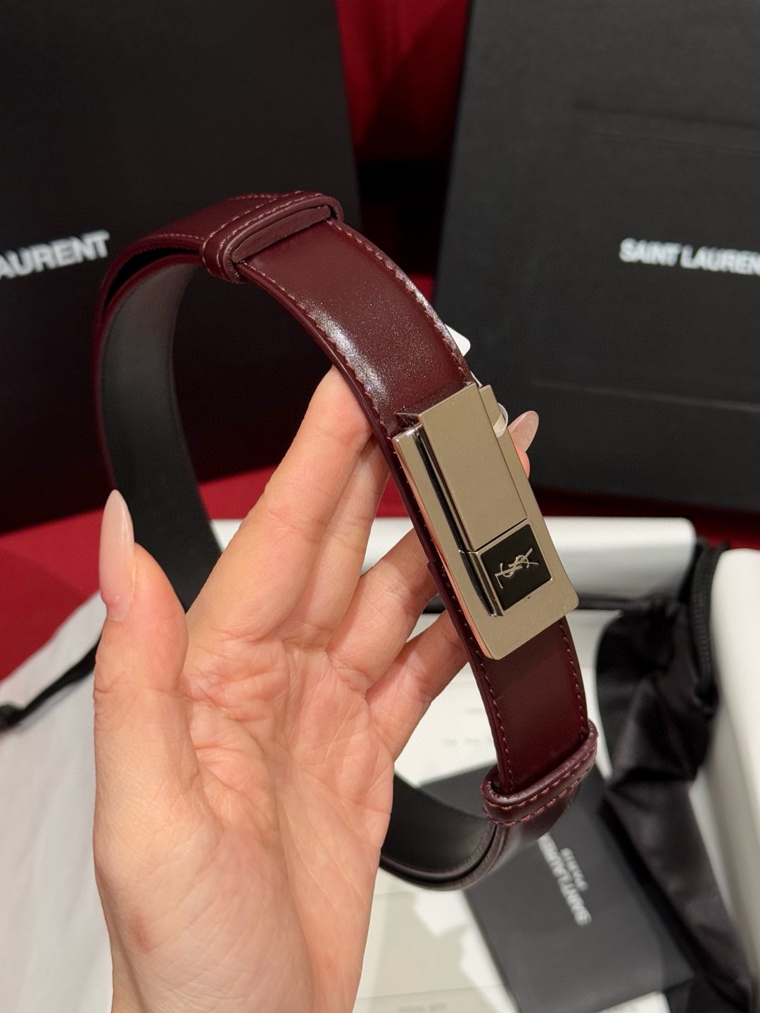 Saint Laurent Women's Leather Belt with Adjustable Buckle - Burgundy 20 i1755920482 5379 3