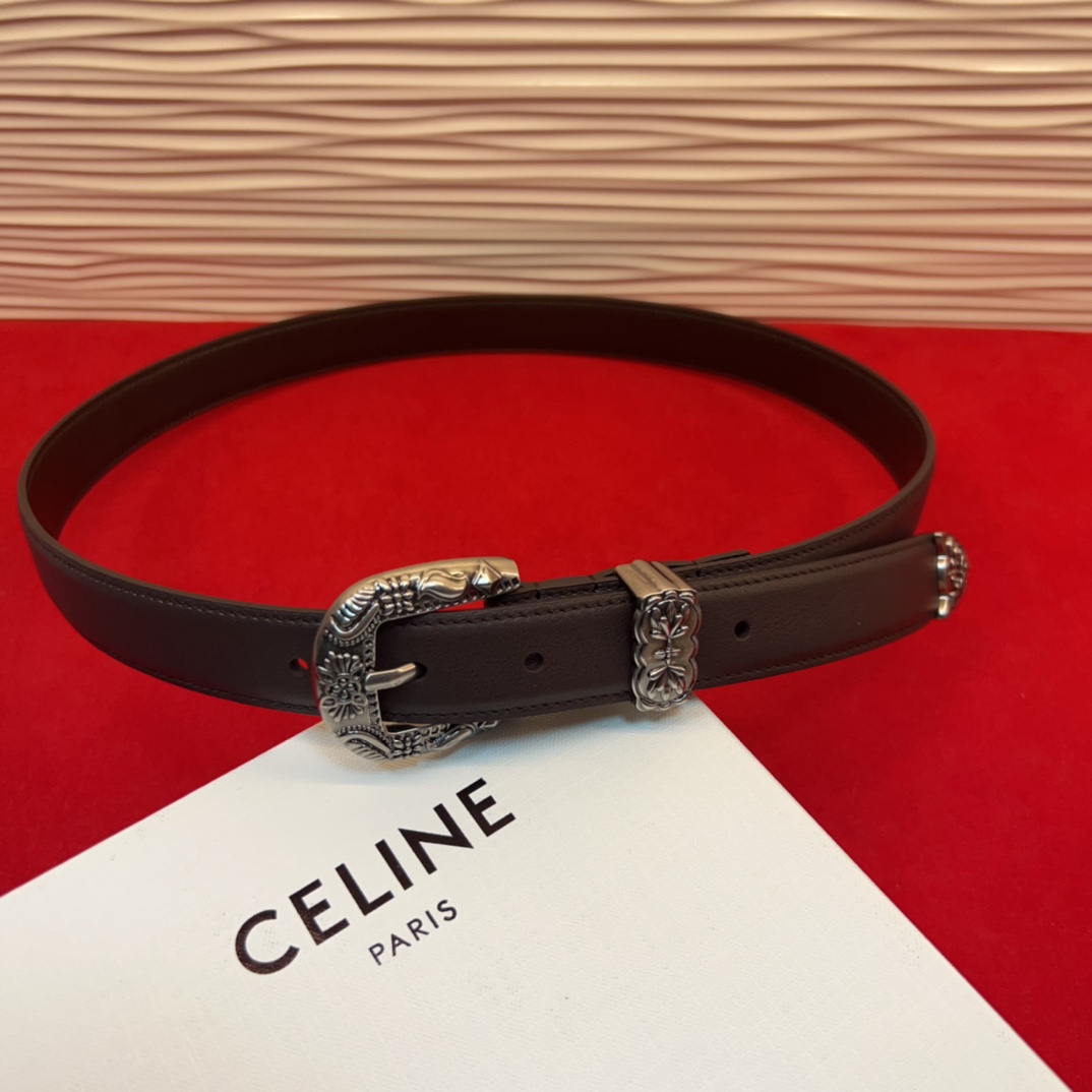 c eline TRIOMPHE中号标志印花牛皮革腰带标志印花和牛皮革 TRIOMPHE配领扣带扣环扣和