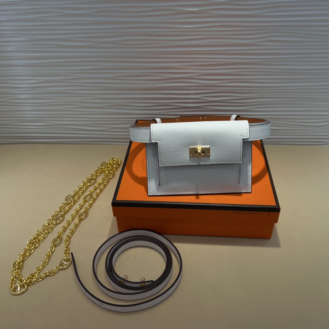 Hermes White Leather Belt Bag with Gold Hardware and Card Holder