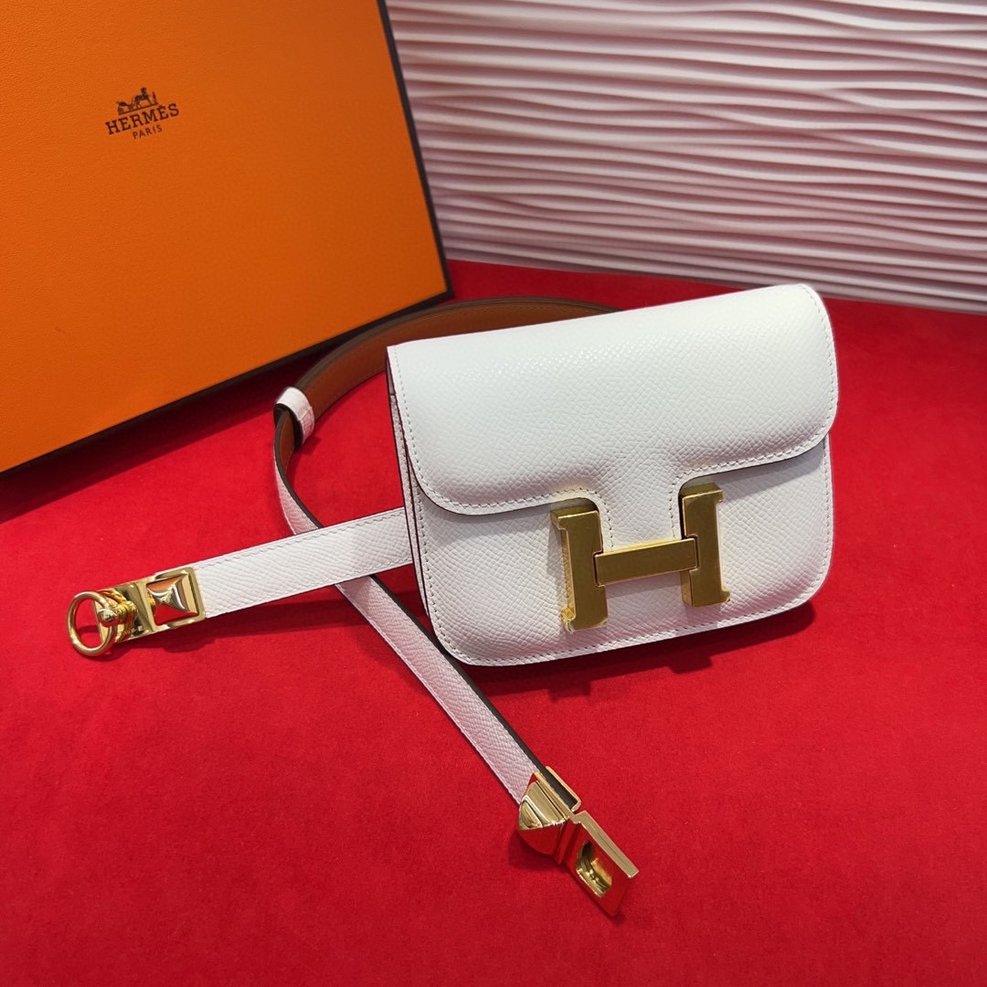 Hermes Women's White Leather Belt Bag with Gold-Tone Hardware, Handmade