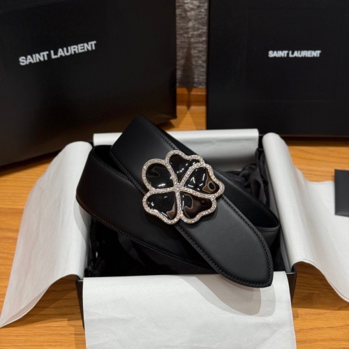 Saint Laurent Black Leather Belt with Clover Buckle, 45mm Width 1 Saint Laurent Black Leather Belt with Clover Buckle, 45mm Width