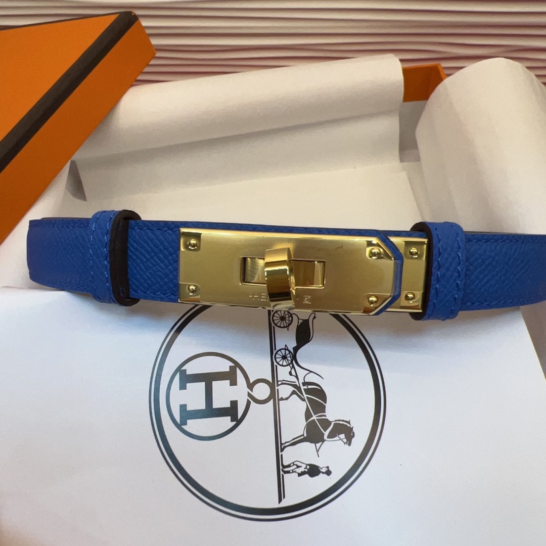 Hermès Kelly Belt 18mm Blue Hunter Calfskin Palladium Plated Buckle