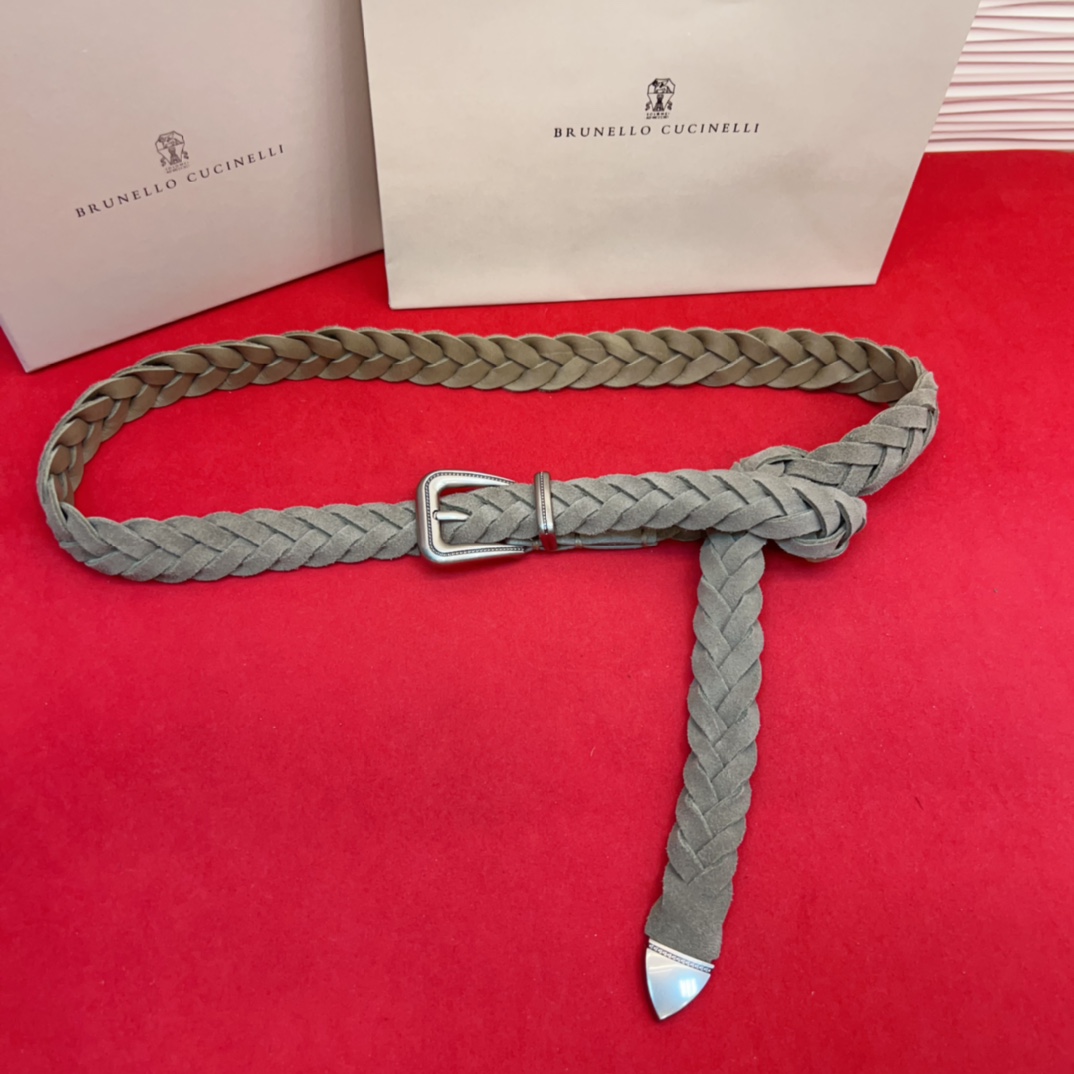 Brunello Cucinelli 男女通用休闲时尚编织腰带灰色均码现货 2 5Cm