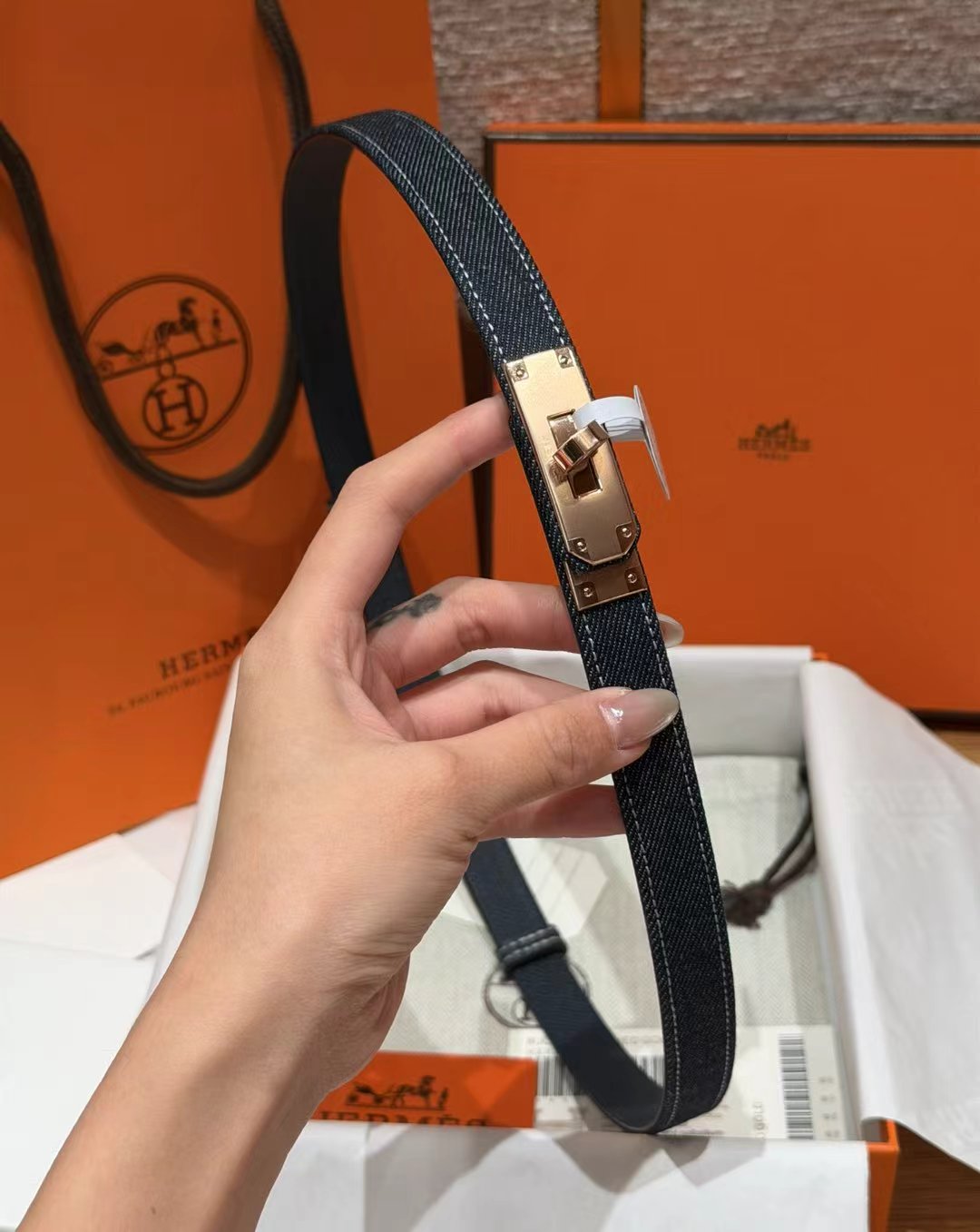新款H帆布凯莉扣 Epsom 小牛皮和帆布腰带