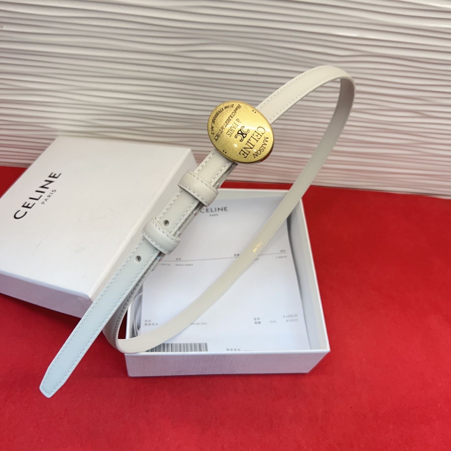 TEEN TRIOMPHE腰带荧光白纤细版型，可搭配经典西装外套、裙装，增添高雅气质1.3Cm。75一1