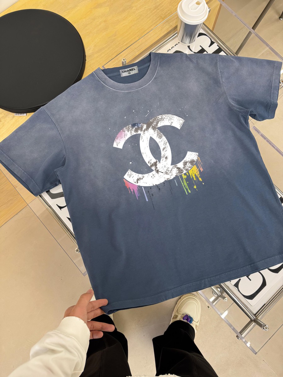 Chanel 2024 nueva camiseta de manga corta con estampado individual de lavado ácido estilo americano, tela per…