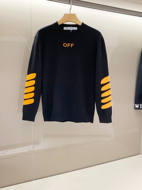OFF WH*TE Men's Black Wool Sweater with Intarsia Logo and Sleeve Stripes