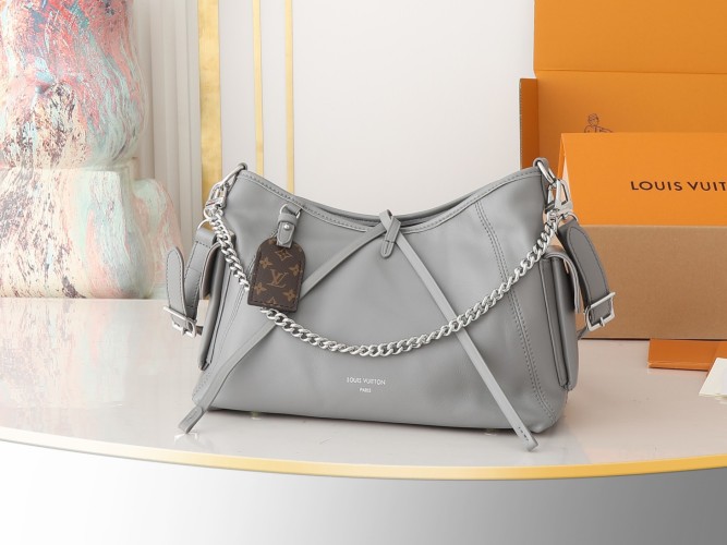 Louis Vuitton CarryAll Cargo Small Handbag Grey Leather with Chain Accent