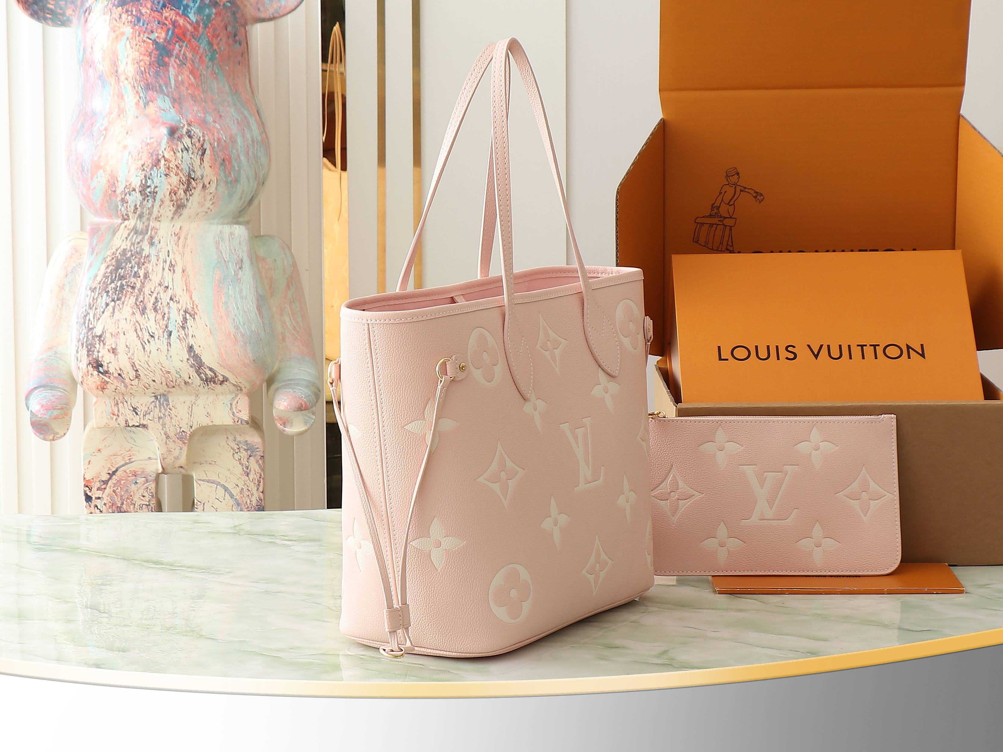 【顶级原单 独家实拍】M14210奶昔粉 M45686 全皮压花购物袋系列 Neverfull 中号手袋