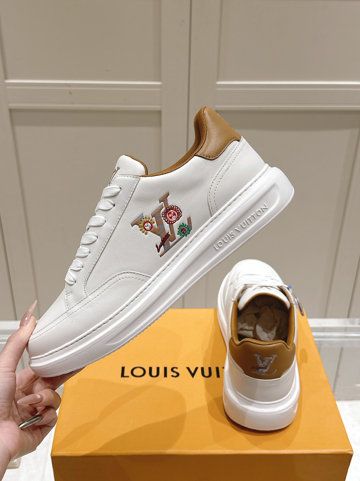 Louis Vuitton White Leather Sneakers with Embroidered LV Logo