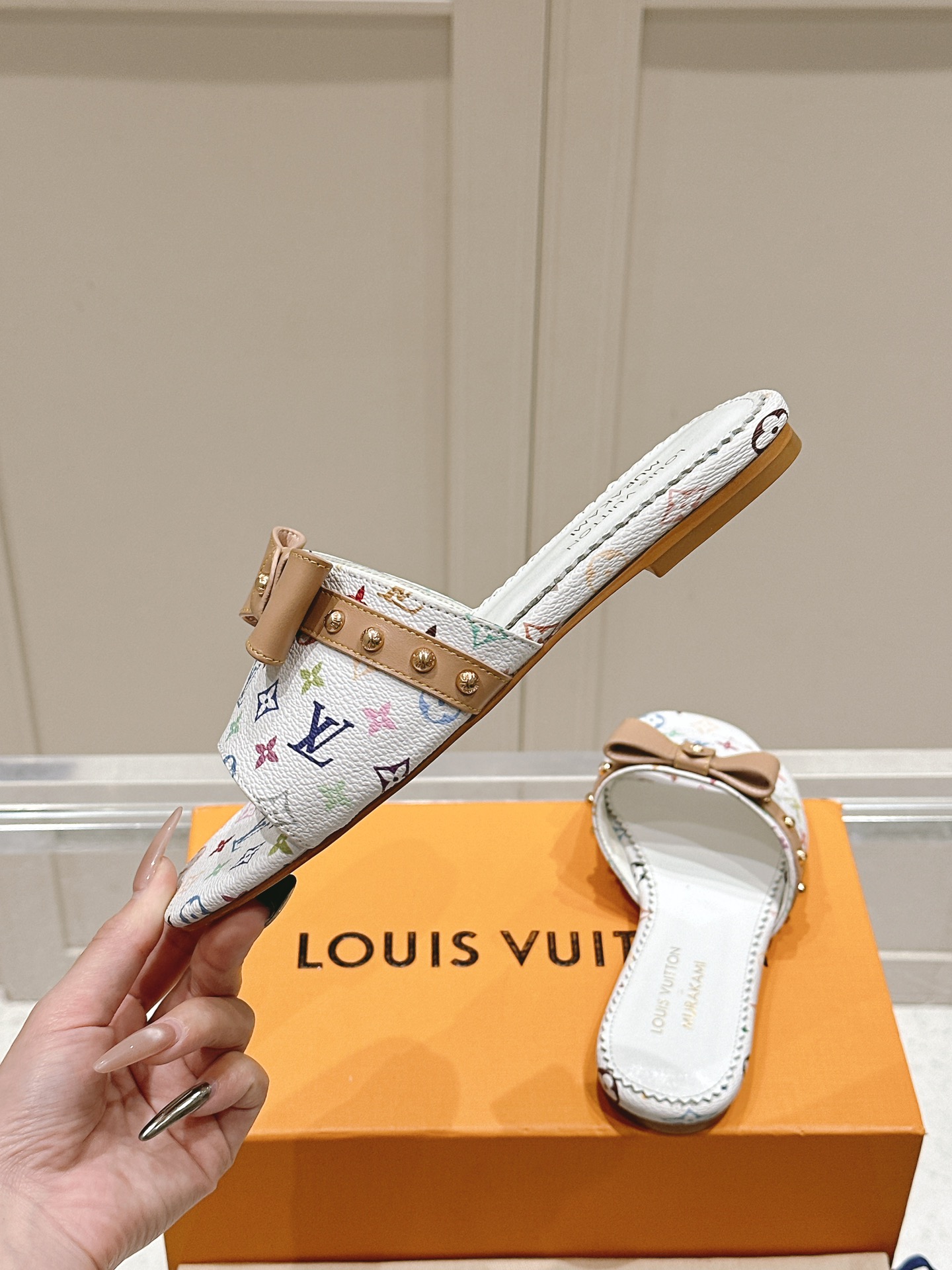 Louis Vuitton LV x TM 路易威登x村上隆联名6AM 系列 白三彩 平底 凉拖鞋