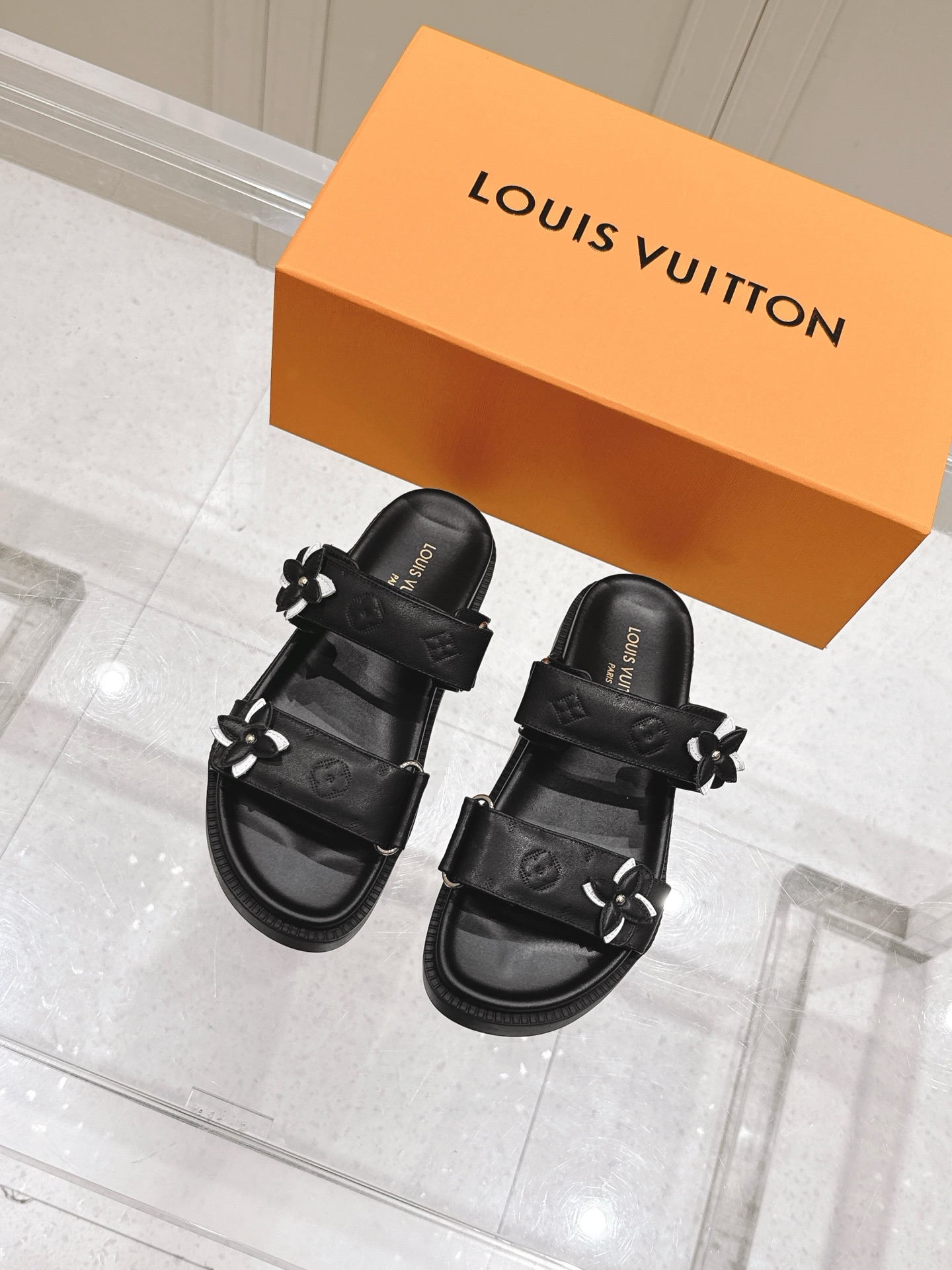 Louis Vuitton LV村上隆联名 L家驴牌BOM DIA COMFORT系列 魔术贴 牛仔布 老花 凉鞋 平底凉拖鞋